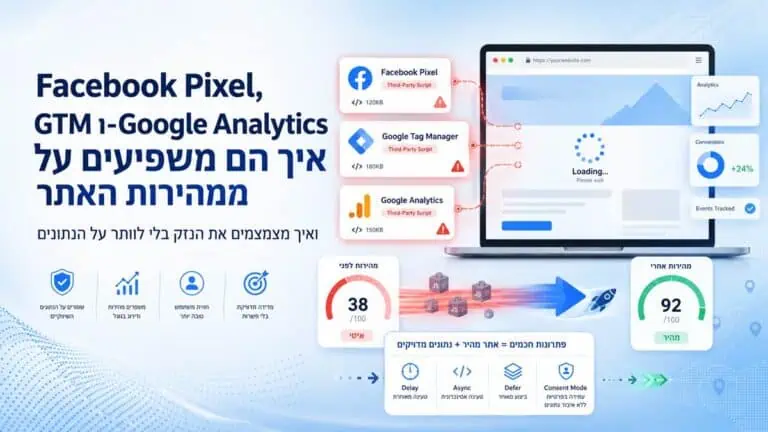 כלי ניתוח אתרים עם Facebook Pixel, GTM ו-Google Analytics לייעול מהירות.